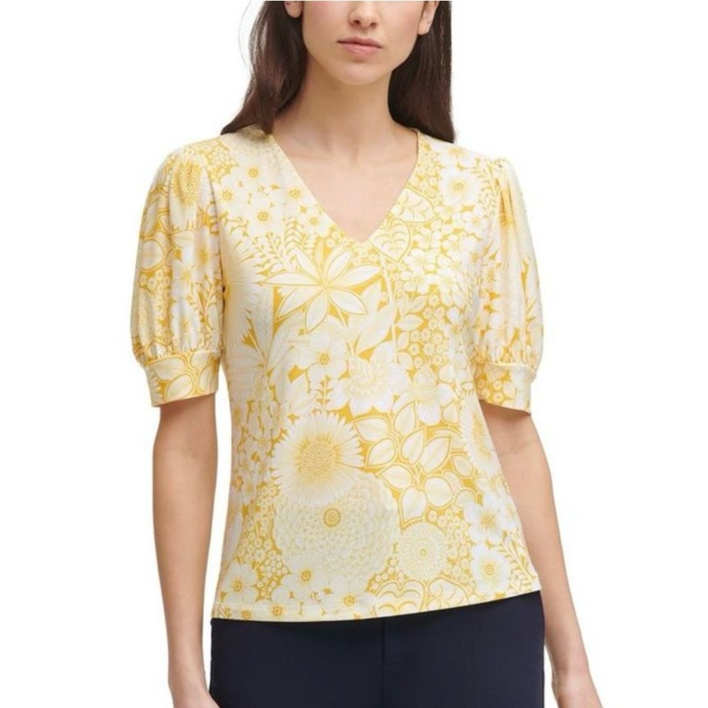 Tommy Hilfiger Yellow Floral Blouse Women’s Size XL V-Neck Puff Sleeve Top Shirt